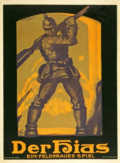 Poster die een toneelstuk Der Hias, ein feldgraues Spiel van Heinrich Gilardone adverteert, gepubliceerd 1917 door Walter Ditz