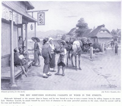 De jongen Hideyoshi die houtbossen verkoopt op straat door Walter Frederick Roofe Tyndale