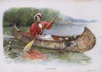 Een roos tussen lelies: vrouw verzamelt waterlelies vanuit een kano door Walter Granville Smith
