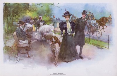 Paasmorgen: vrouw die wandelt met haar huisdierhond door Walter Granville Smith