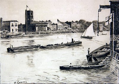 Oude Kerk van Chelsea vanuit Battersea door Walter Greaves