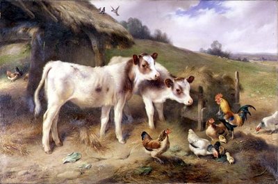 Kalveren en pluimvee buiten een schuur door Walter Hunt