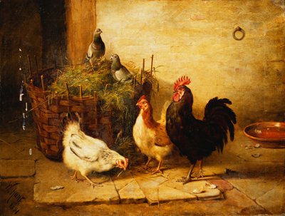 Gevogelte en Duiven in een Interieur door Walter Hunt