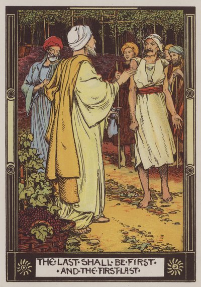 De Arbeiders in de Wijngaard (kleur litho) door Walter Jenks Morgan