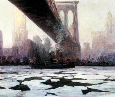 Schip in bevroren water onder de Brooklyn Bridge door Walter Koeniger