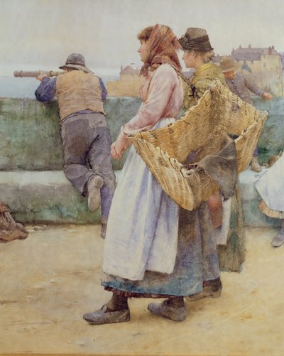 In een Cornish vissersdorp: Vertrek van de vloot naar het noorden, detail van twee visvrouwen (detail) door Walter Langley