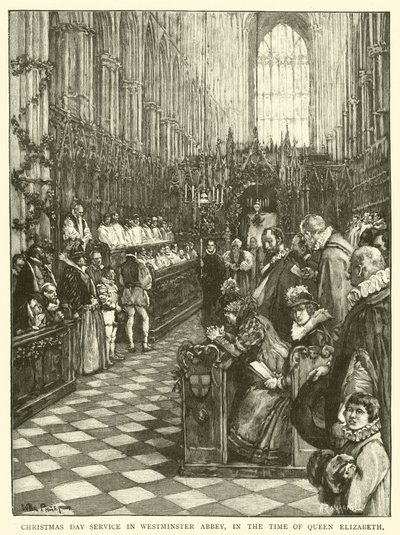 Kerstmisdienst in Westminster Abbey, in de tijd van koningin Elizabeth door Walter Paget