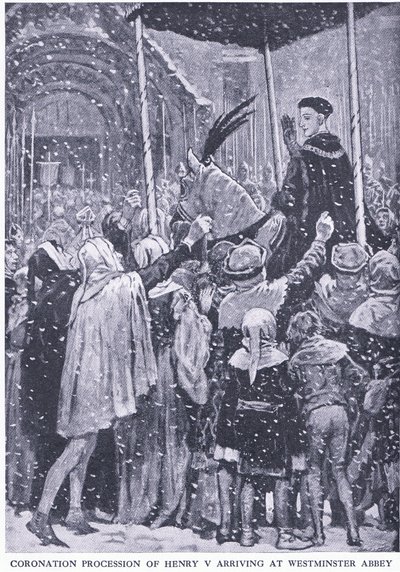 Kroningsprocessie van Hendrik V aankomend bij Westminster Abbey 1413, uit Cassells History of the British People gepubliceerd door de Waverley Book Company Limited, ca. 1940 door Walter Paget