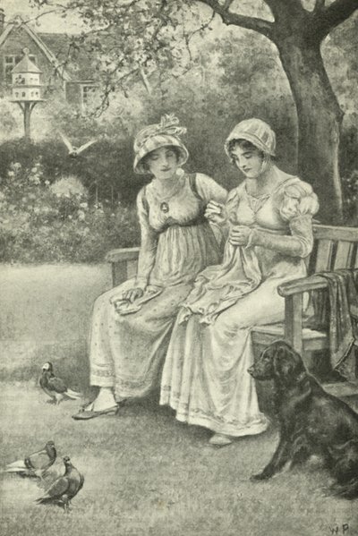 Jane Austen, naaiend, met haar zus Cassandra in de pastorie tuin door Walter Paget