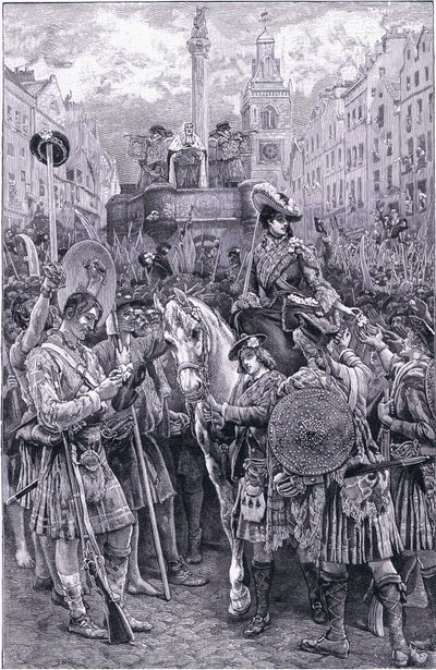 Uitroeping van de Oude Pretendent als koning James VIII bij het Edinburgh Cross door Walter Paget