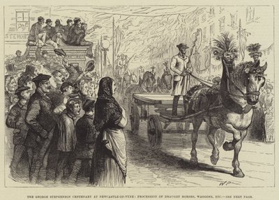 De George Stephenson-eeuwfeest in Newcastle-on-Tyne, processie van trekpaarden, wagens, enz. door Walter Paget