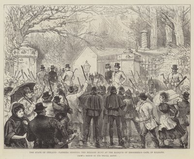 De staat van Ierland, boeren stoppen de Reloare-jacht bij de poort van de markies van Drogheda, in Kildare door Walter Paget
