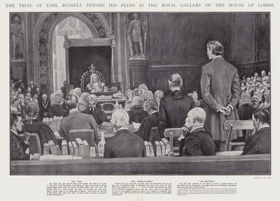 Het proces van graaf Russell voor zijn gelijken in de Koninklijke Galerij van het Hogerhuis, Westminster (litho) door Walter Paget