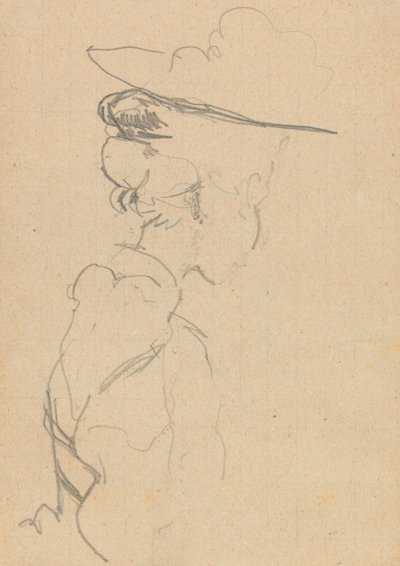 Hoofd en schouders van een vrouw met een hoed, in verloren profiel, naar rechts door Walter Richard Sickert