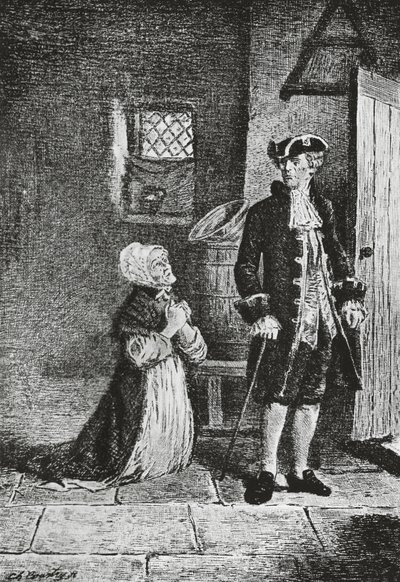 Elspeth en Lord Glenallan, illustratie voor Antiquair, historische roman door Walter Scott (1771-1832), gravure door Walter Scott