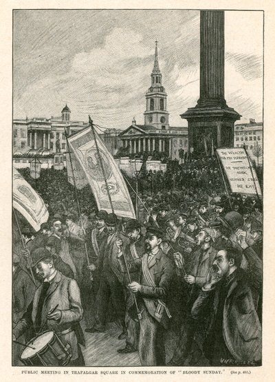 Openbare bijeenkomst op Trafalgar Square ter herdenking van Bloody Sunday (gravure) door Walter Westley Russell
