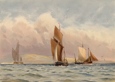Boulogne Luggers voor de Franse kust (kleur litho) door Walter William May