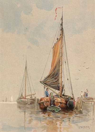 Nederlandse boten op de Maas (kleur litho) door Walter William May