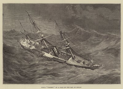 HMS Urgent in een storm in de Golf van Biskaje door Walter William May