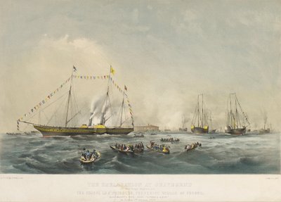 Het aan boord gaan van prins Frederik Willem IV van Pruisen (1795-1861) en zijn vrouw Elizabeth van Beieren (1801-1873) op het schip Victoria en Albert, in Gravesend, Engeland, op 2 februari door Walter William May
