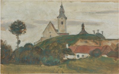 Landschap met kerk en dorp door Walther Gamerith