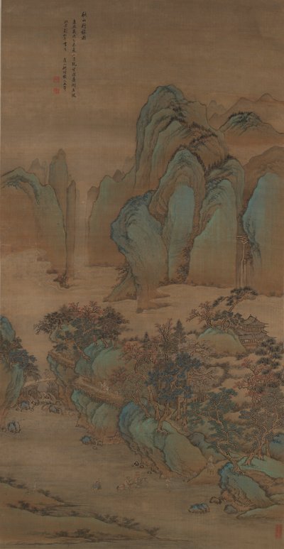 Reizigers in herfstbergen door Wang Hui