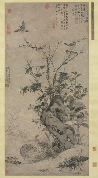 Kwartels en mussen in een herfsttafereel, 1347 door Wang Yuan