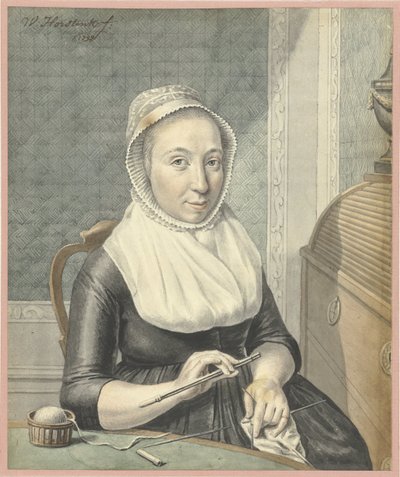 Portret van een dame met breiwerk door Warner Horstink
