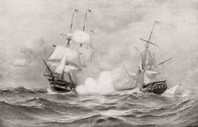 Het gevecht tussen USS Constitution en HMS Guerriere, tijdens de Oorlog van 1812, ongeveer 400 mijl ten zuidoosten van Halifax, Nova Scotia, uit The History of Our Country, gepubliceerd 1905 door Warren Sheppard