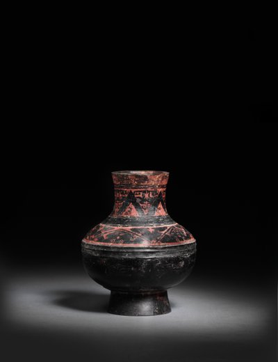 Kleine rood-geschilderde zwart-gelakte zwarte aardewerken pot, Hu, 476-221 v.Chr. door Warring States period Chinese School