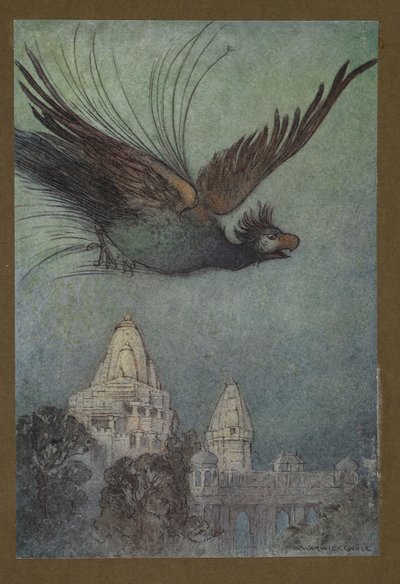 Plaat 10: "Een monsterlijke vogel komt blijkbaar uit het paleis", uit Folk-Tales of Bengal ... Met 32 illustraties in kleur door Warwick Goble (Edition de luxe.) 1914 door Warwick Goble