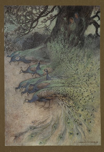 Plaat 11: "Honderden pauwen met prachtige pluimen kwamen naar de dijken om de khai te eten", uit Volksverhalen van Bengalen ... Met 32 illustraties in kleur door Warwick Goble (Edition de luxe.) door Warwick Goble