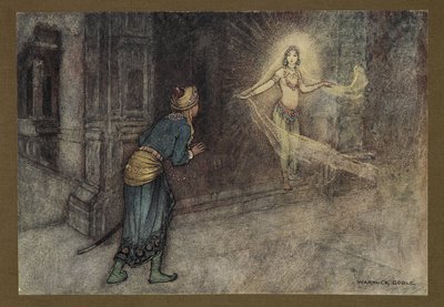 Plaat 13: "Hij zag een mooie vrouw uit het paleis komen", uit Volksverhalen van Bengalen ... Met 32 illustraties in kleur door Warwick Goble (Edition de luxe.) 1914 door Warwick Goble