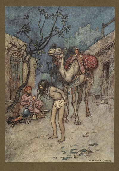 Plaat 16: "De kameeldrijver stapte af, bond de kameel aan de boom op de plek, en begon te roken." Folk-Tales of Bengal ... Met 32 illustraties in kleur door Warwick Goble. (Edition de luxe.). 1914 door Warwick Goble