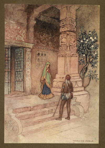 Plaat 1: "De Suo-koningin ging naar de deur met een handvol rijst." uit Volksverhalen van Bengalen ... Met 32 illustraties in kleur door Warwick Goble. (Edition de luxe.) door Warwick Goble