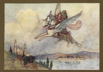 Plaat 20: "De dame, koning en hiraman bereikten allemaal veilig en wel de hoofdstad van de koning", uit Volksverhalen van Bengalen ... Met 32 illustraties in kleur door Warwick Goble (Edition de luxe.) door Warwick Goble