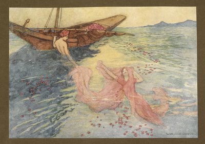 Plaat 22: "Toen ze naar de oppervlakte kwamen, klommen ze in de boot", uit Volksverhalen van Bengalen ... Met 32 illustraties in kleur door Warwick Goble (Edition de luxe.) door Warwick Goble