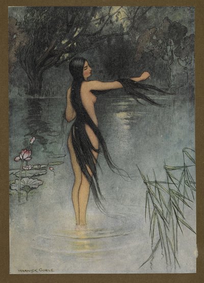 Plaat 29: "Toen ze uit het water kwam, wat een verandering was er in haar te zien!", uit Folk-Tales of Bengal ... Met 32 illustraties in kleur door Warwick Goble (Edition de luxe.). 1914 door Warwick Goble
