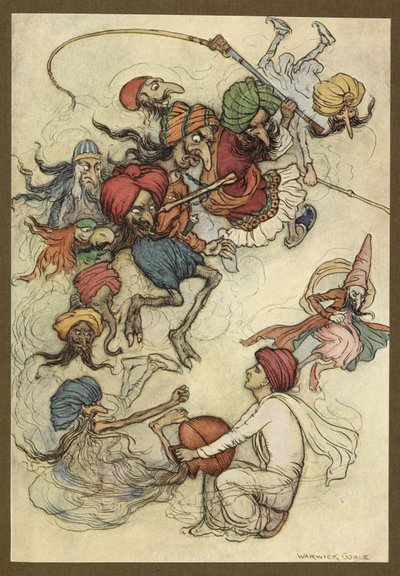 Plaat 4: "In plaats van zoetigheden ongeveer een twintigtal demonen." Volksverhalen van Bengalen ... Met 32 illustraties in kleur door Warwick Goble (Edition de luxe.) door Warwick Goble