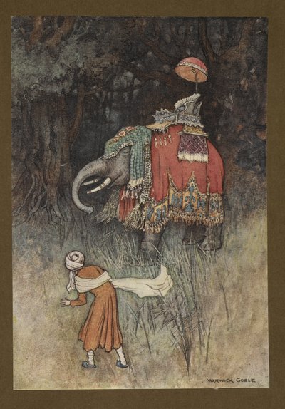 Plaat 8: "Plotseling kwam er een prachtig versierde olifant op zijn pad", uit Folk-Tales of Bengal ... Met 32 illustraties in kleur door Warwick Goble (Edition de luxe) door Warwick Goble