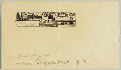 Rivierlandschap met boot en ommuurde stad door Wassily Kandinsky
