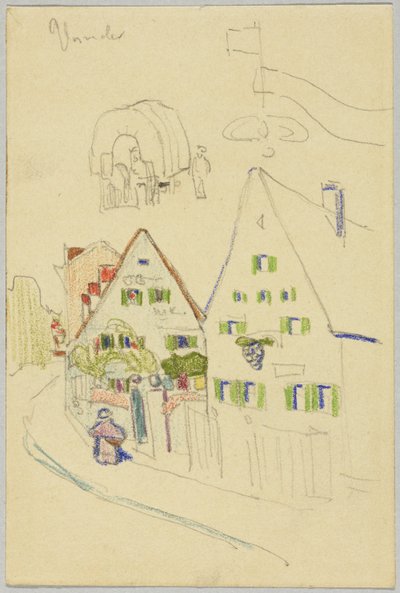 Straat met zadeldakhuisjes en huifkar, verso: uitzicht op een plaats met een ui-torenkerk door Wassily Kandinsky