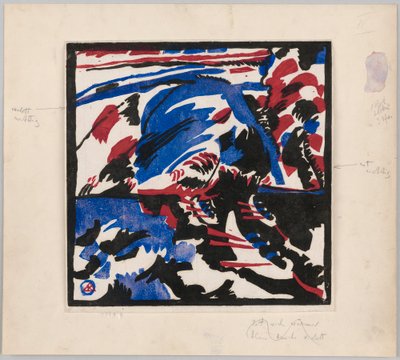 Holzschnitt zu dem Gemälde "Kahnfahrt" (Probedruck mit Anweisungen für Kandinskys Buch "Klänge" (1912), S. 49) door Wassily Kandinsky