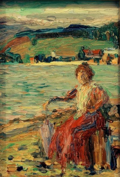 In een rode jurk aan de oever van het meer door Wassily Kandinsky