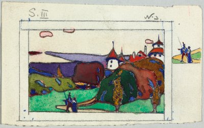 Landschap met paar in middeleeuwse kleding, verso: Fragment van een geharnaste ridder door Wassily Kandinsky