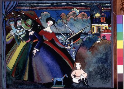 "Le navire" Jonge vrouwen aan de kade, in de verte lijkt een schip schipbreuk te lijden. Schilderij van Vassily Kandinsky door Wassily Kandinsky
