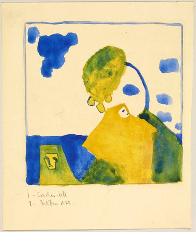 Zwei Gestalten vor Hügel mit Baum door Wassily Kandinsky