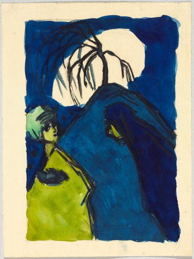 Zwei Gestalten vor Hügel mit Baum und weißer Wolke; Begegnung door Wassily Kandinsky