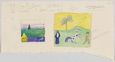 Twee landschappen met figuren, ook genoemd „Dressuur en landschap met drie figuren in een gele driehoek“ door Wassily Kandinsky