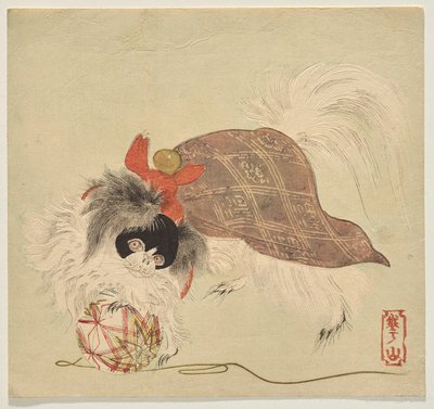 Japanse Chin-hond in een paarse mantel, spelend met een zijden draadbal door Watanabe Kazan